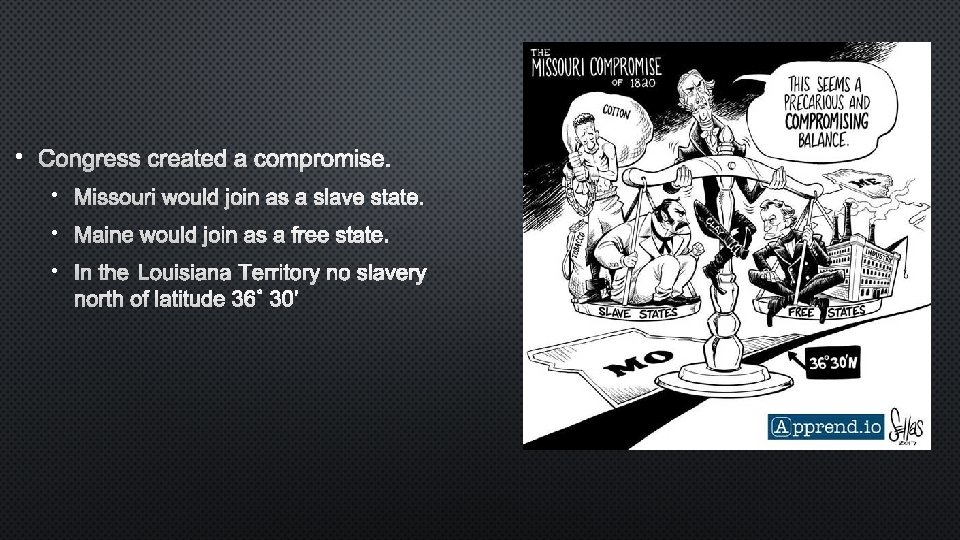  • CONGRESS CREATED A COMPROMISE. • MISSOURI WOULD JOIN AS A SLAVE STATE.