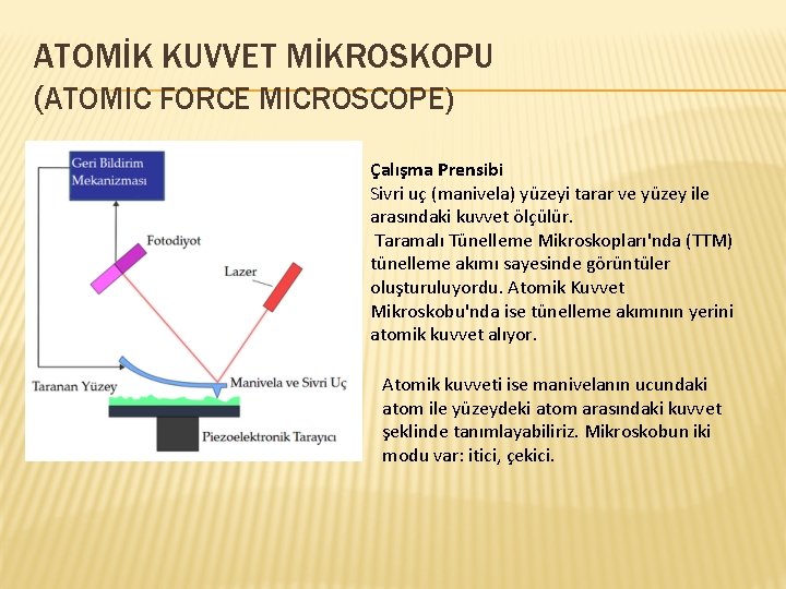 ATOMİK KUVVET MİKROSKOPU (ATOMIC FORCE MICROSCOPE) Çalışma Prensibi Sivri uç (manivela) yüzeyi tarar ve