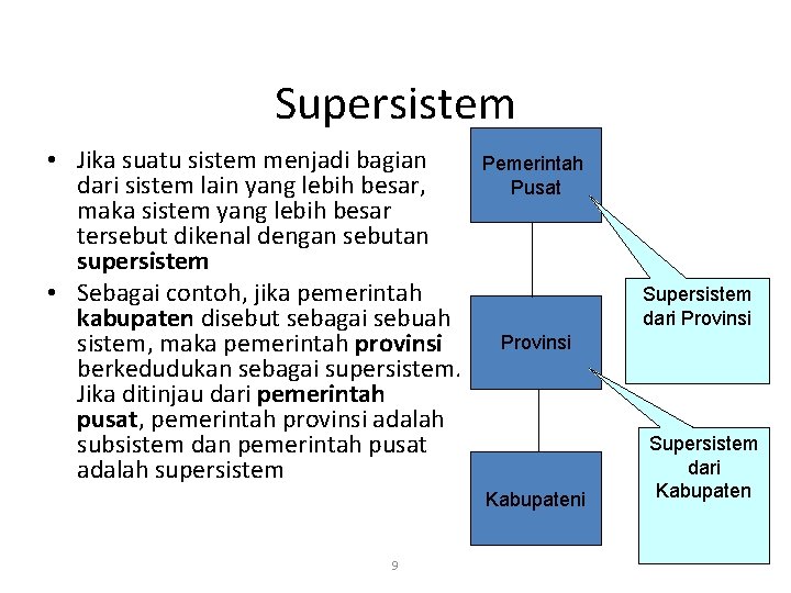 Supersistem • Jika suatu sistem menjadi bagian dari sistem lain yang lebih besar, maka