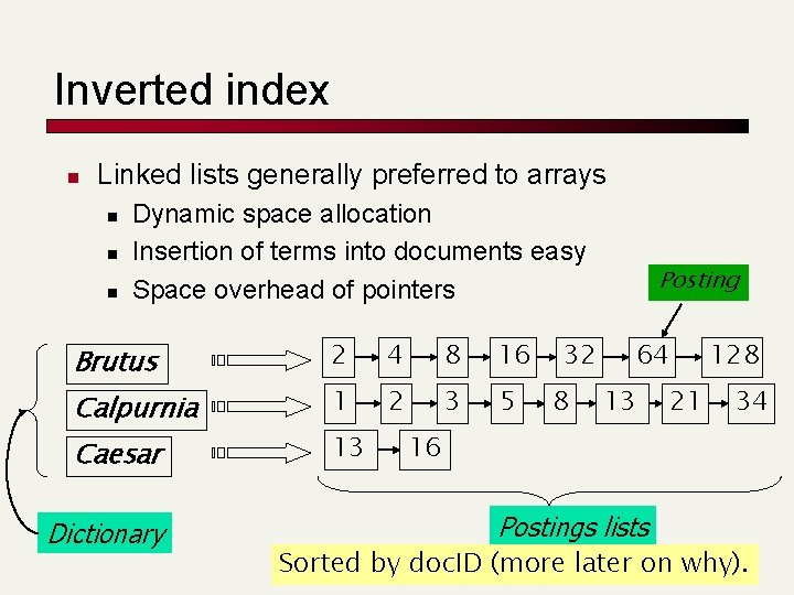Inverted index n Linked lists generally preferred to arrays n n n Dynamic space
