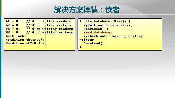解决方案详情:读者 AR = 0; // # of active readers AW = 0; // # 解决方案详情:读者 AR = 0; // # of active readers AW = 0; // #