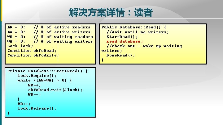 解决方案详情:读者 AR = 0; // # of active readers AW = 0; // # 解决方案详情:读者 AR = 0; // # of active readers AW = 0; // #