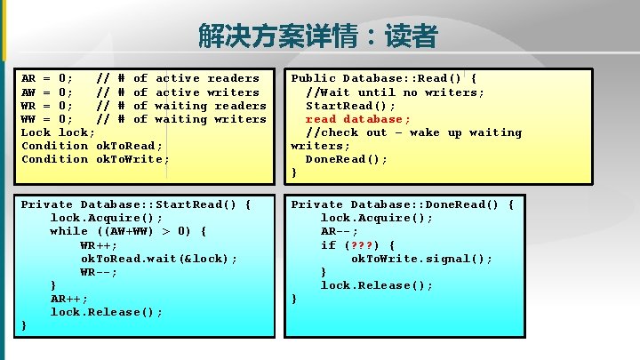 解决方案详情:读者 AR = 0; // # of active readers AW = 0; // # 解决方案详情:读者 AR = 0; // # of active readers AW = 0; // #