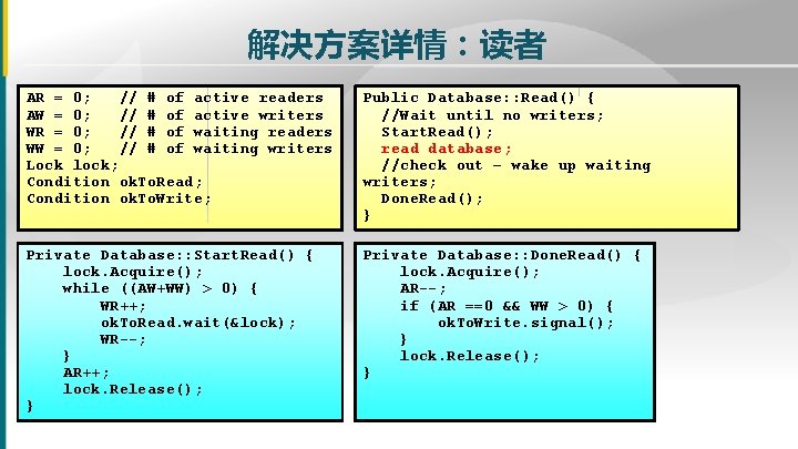 解决方案详情:读者 AR = 0; // # of active readers AW = 0; // # 解决方案详情:读者 AR = 0; // # of active readers AW = 0; // #