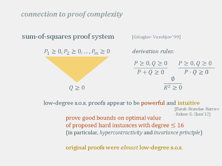 connection to proof complexity sum-of-squares proof system [Griogiev-Vorobjov’ 99] derivation rules: low-degree s. o.