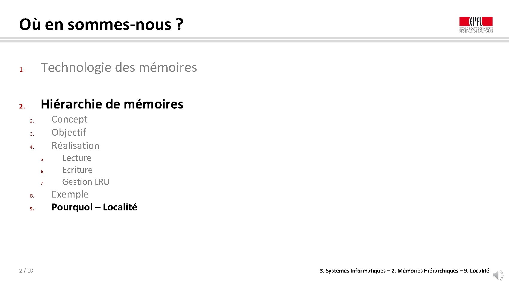 Où en sommes-nous ? 1. Technologie des mémoires 2. Hiérarchie de mémoires Concept Objectif