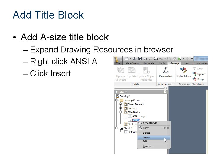 Add Title Block • Add A-size title block – Expand Drawing Resources in browser