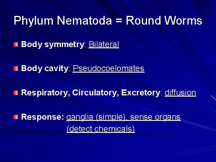 Phylum Nematoda = Round Worms Body symmetry: Bilateral Body cavity: Pseudocoelomates Respiratory, Circulatory, Excretory: