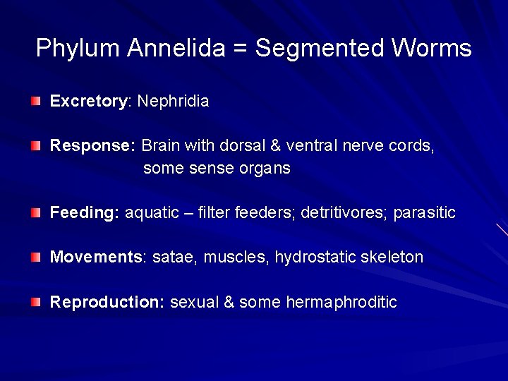 Phylum Annelida = Segmented Worms Excretory: Nephridia Response: Brain with dorsal & ventral nerve