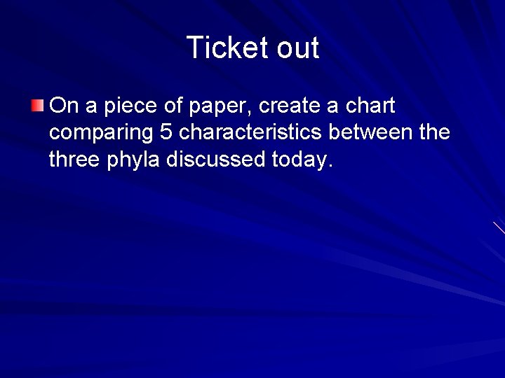 Ticket out On a piece of paper, create a chart comparing 5 characteristics between