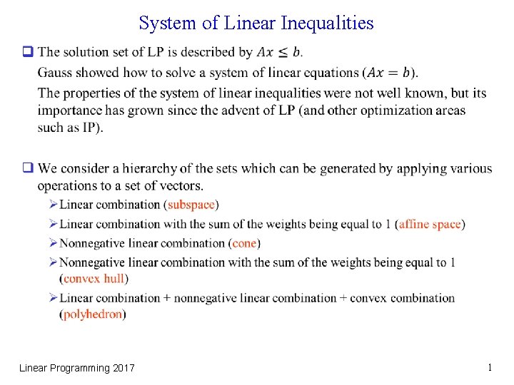 System of Linear Inequalities q Linear Programming 2017 1 