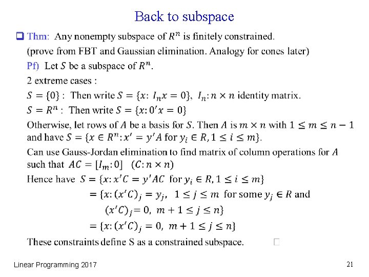Back to subspace q Linear Programming 2017 21 