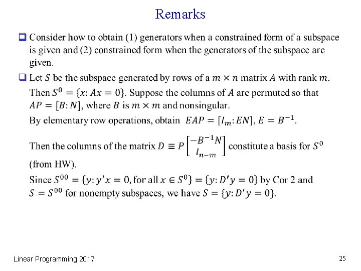 Remarks q Linear Programming 2017 25 