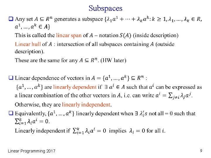 Subspaces q Linear Programming 2017 9 
