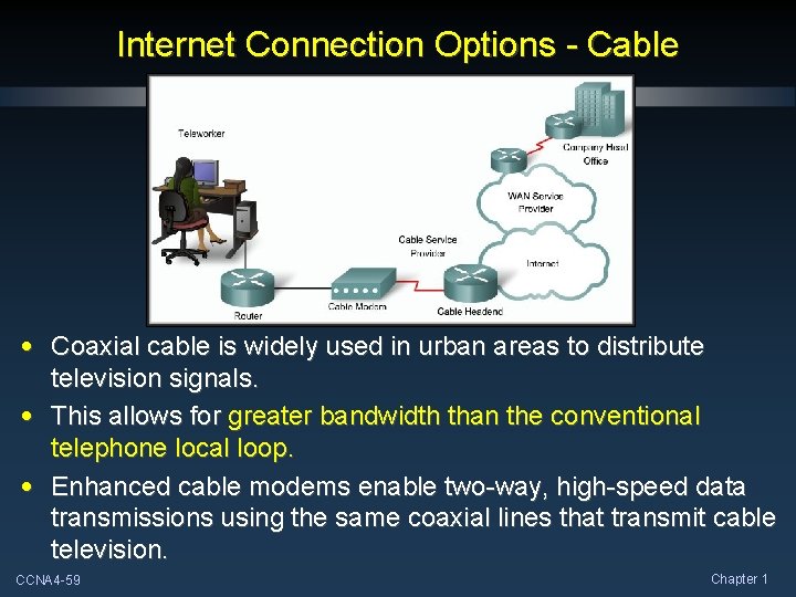 Internet Connection Options - Cable • Coaxial cable is widely used in urban areas Internet Connection Options - Cable • Coaxial cable is widely used in urban areas