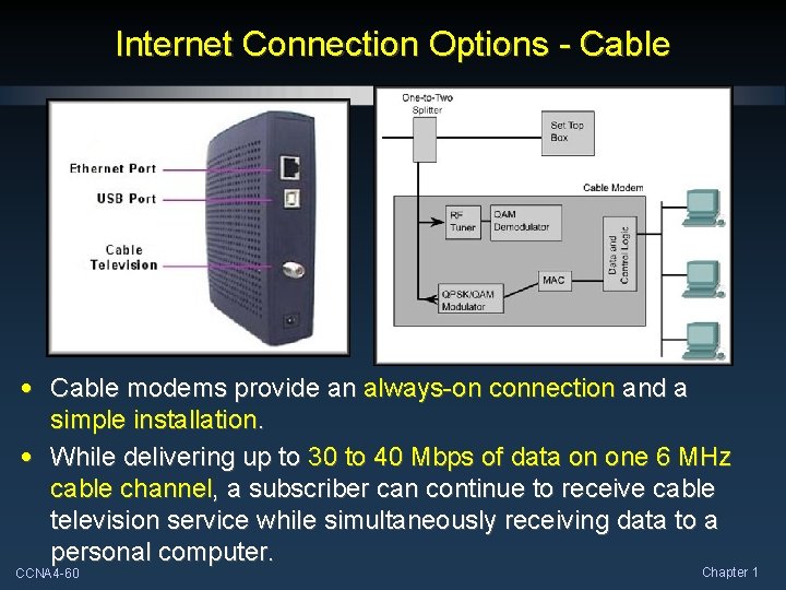Internet Connection Options - Cable • Cable modems provide an always-on connection and a Internet Connection Options - Cable • Cable modems provide an always-on connection and a
