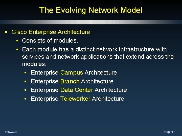 The Evolving Network Model • Cisco Enterprise Architecture: • Consists of modules. • Each The Evolving Network Model • Cisco Enterprise Architecture: • Consists of modules. • Each