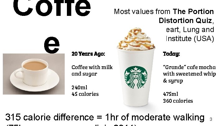 Coffe e Most values from The Portion Distortion Quiz, the National Heart, Lung and