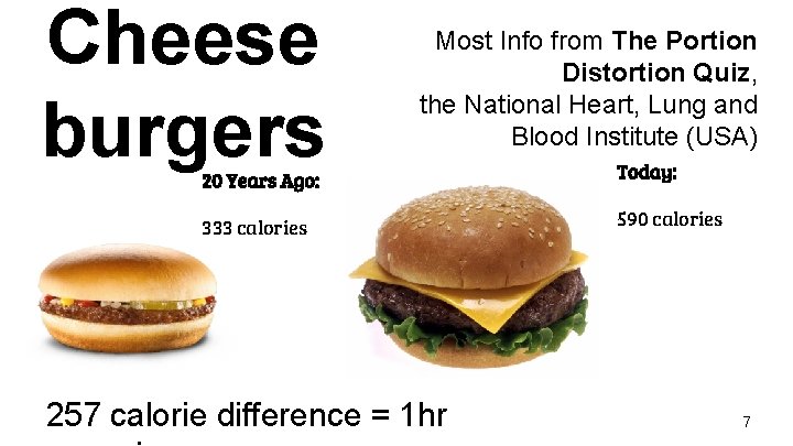 Cheese burgers Most Info from The Portion Distortion Quiz, the National Heart, Lung and