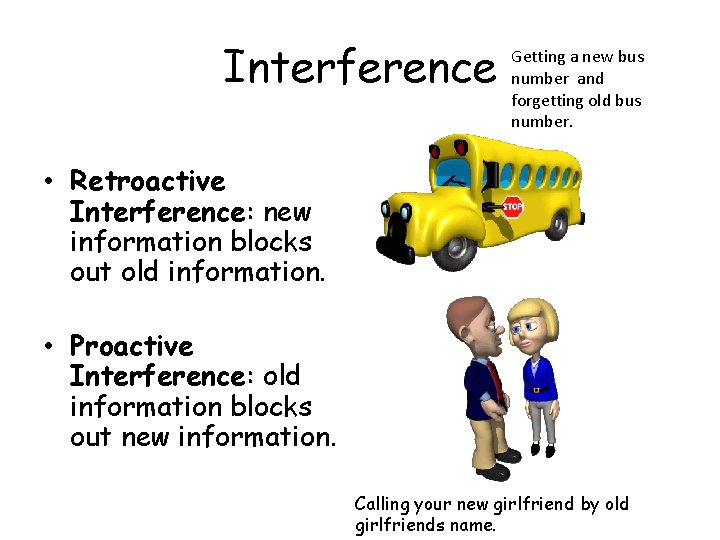 Interference Getting a new bus number and forgetting old bus number. • Retroactive Interference: