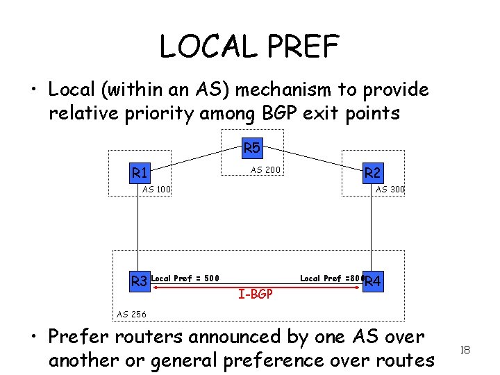 LOCAL PREF • Local (within an AS) mechanism to provide relative priority among BGP