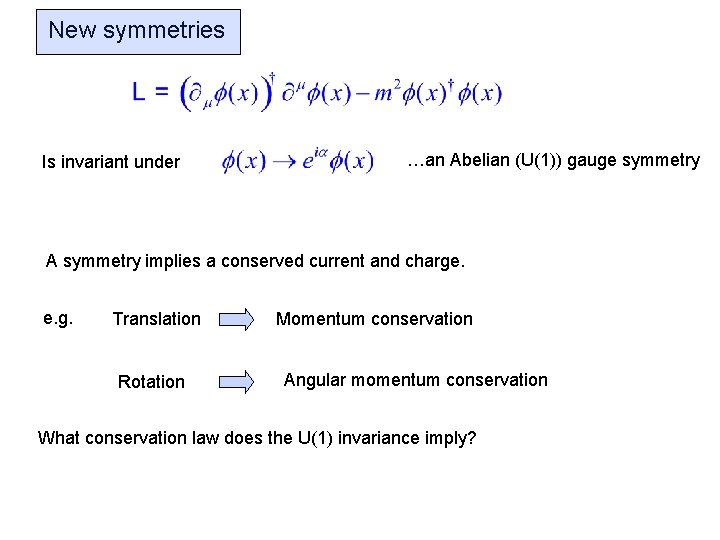New symmetries Is invariant under …an Abelian (U(1)) gauge symmetry A symmetry implies a New symmetries Is invariant under …an Abelian (U(1)) gauge symmetry A symmetry implies a