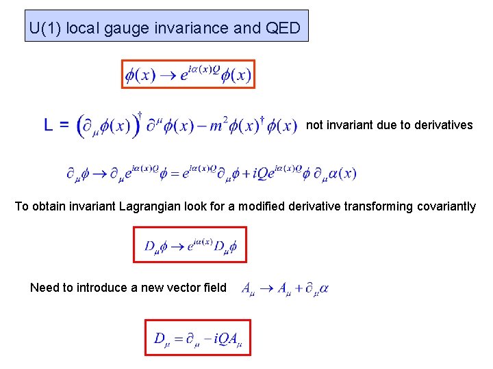 U(1) local gauge invariance and QED not invariant due to derivatives To obtain invariant U(1) local gauge invariance and QED not invariant due to derivatives To obtain invariant