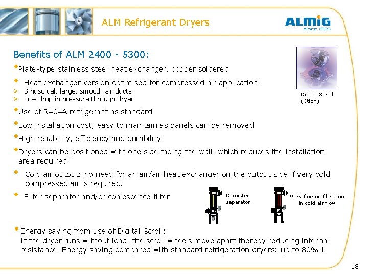 ALM Refrigerant Dryers Benefits of ALM 2400 - 5300: • Plate-type stainless steel heat ALM Refrigerant Dryers Benefits of ALM 2400 - 5300: • Plate-type stainless steel heat