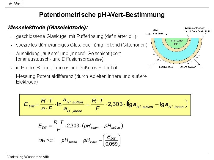 p. H-Wert Potentiometrische p. H-Wert-Bestimmung Messelektrode (Glaselektrode): - geschlossene Glaskugel mit Pufferlösung (definierter p.