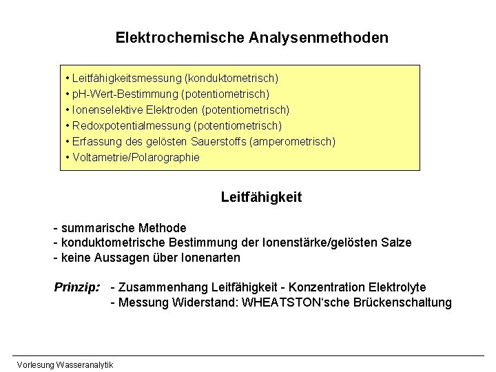 Elektrochemische Analysenmethoden • Leitfähigkeitsmessung (konduktometrisch) • p. H-Wert-Bestimmung (potentiometrisch) • Ionenselektive Elektroden (potentiometrisch) •