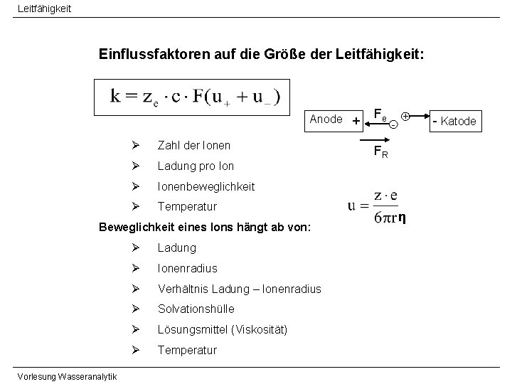 Leitfähigkeit Einflussfaktoren auf die Größe der Leitfähigkeit: Anode + Ø Zahl der Ionen Ø