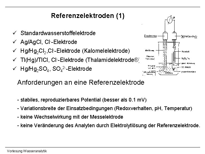 Referenzelektroden (1) ü Standardwasserstoffelektrode ü Ag/Ag. Cl, Cl--Elektrode ü Hg/Hg 2 Cl 2, Cl--Elektrode