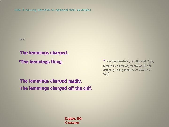 slide 3: missing elements vs. optional slots; examples exx The lemmings charged. * *The