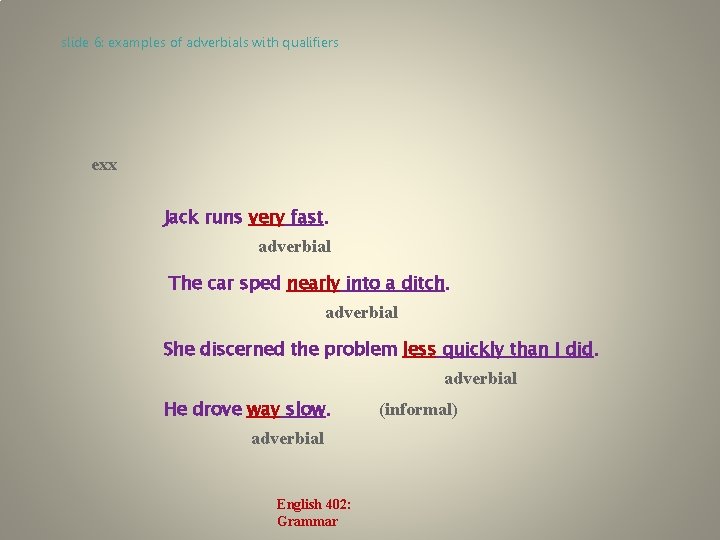 slide 6: examples of adverbials with qualifiers exx Jack runs very fast. adverbial The