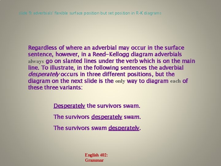 slide 9: adverbials’ flexible surface position but set position in R-K diagrams Regardless of