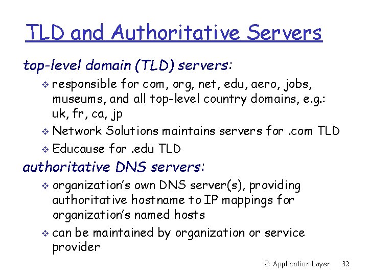 TLD and Authoritative Servers top-level domain (TLD) servers: responsible for com, org, net, edu,