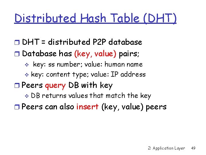 Distributed Hash Table (DHT) r DHT = distributed P 2 P database r Database