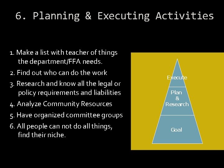 6. Planning & Executing Activities 1. Make a list with teacher of things the