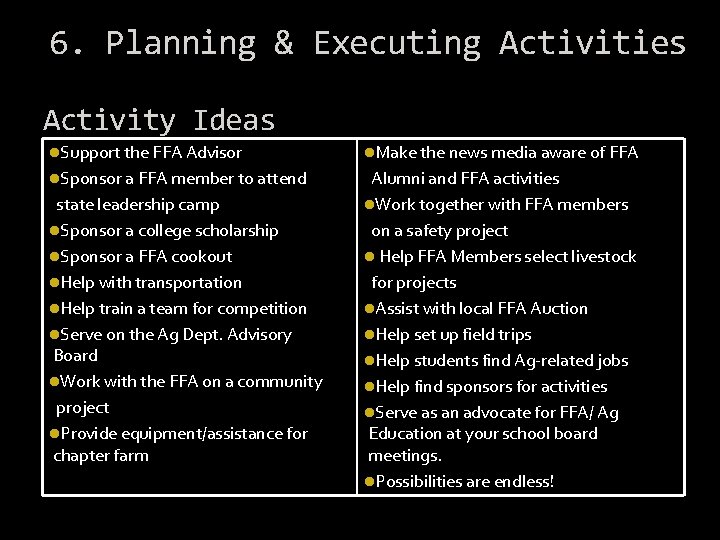 6. Planning & Executing Activities Activity Ideas l. Support the FFA Advisor l. Make