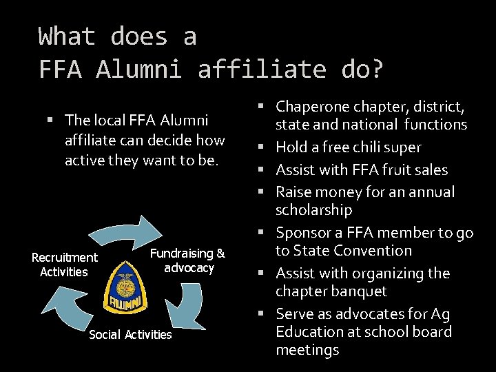 What does a FFA Alumni affiliate do? The local FFA Alumni affiliate can decide