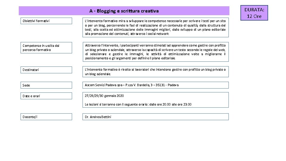 A - Blogging e scrittura creativa Obiettivi formativi L’intervento formativo mira a sviluppare le