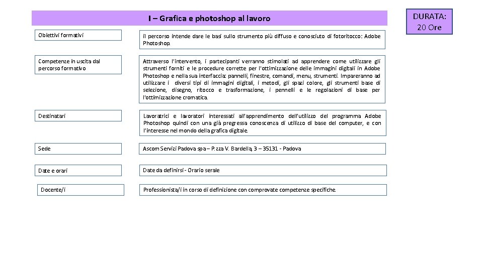 I – Grafica e photoshop al lavoro Obiettivi formativi il percorso intende dare le