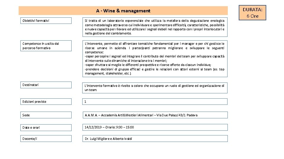 A - Wine & management Obiettivi formativi Si tratta di un laboratorio esperenziale che