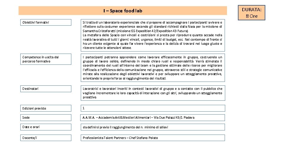 I – Space food lab Obiettivi formativi Si tratta di un laboratorio esperienziale che