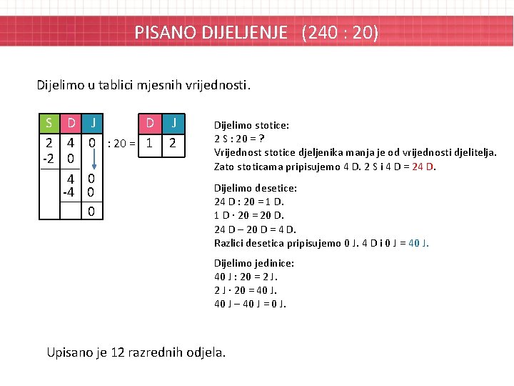 PISANO DIJELJENJE (240 : 20) Dijelimo u tablici mjesnih vrijednosti. S D J D