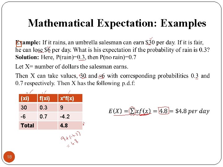 Mathematical Expectation: Examples � (xi) f(xi) x*f(x) 30 0. 3 9 -6 0. 7