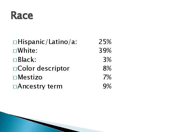 Race � Hispanic/Latino/a: � White: � Black: � Color descriptor � Mestizo � Ancestry