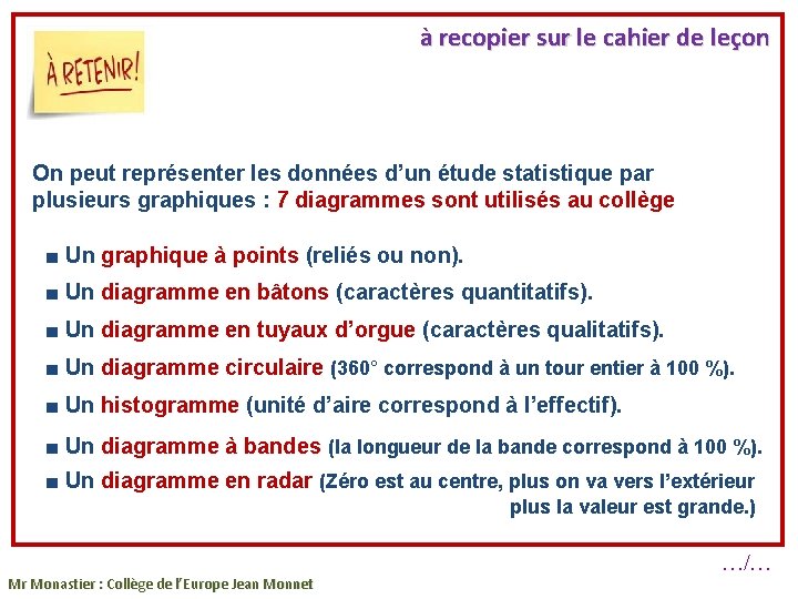 à recopier sur le cahier de leçon On peut représenter les données d’un étude