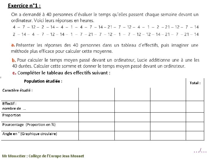 Exercice n° 1 : c. Compléter le tableau des effectifs suivant : Mr Monastier