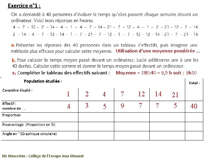 Exercice n° 1 : Utilisation d’une moyenne pondérée … c. Compléter le tableau des